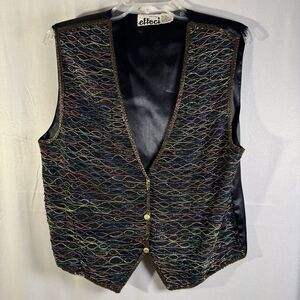 Vintage Effeci Vest Women’s L Black Multicolor Embroidered Satin Holiday Party